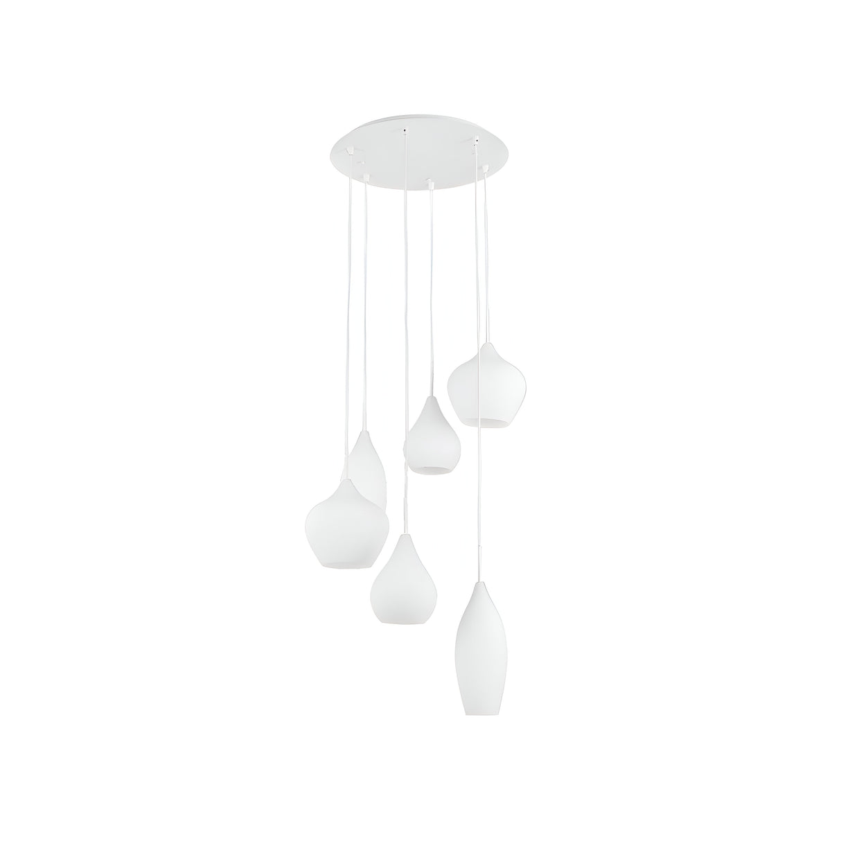 A contemporary ceiling light fixture named the Noir 6 Light Cluster Pendant - White features six pendant lights hanging at varying lengths from a circular base with adjustable suspension cables. The pendant shapes offer slight variations to complete its modern design, echoing the style of the Noir 3 Light Bar Pendant, all set against a plain white background.