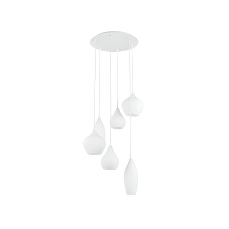 A contemporary ceiling light fixture named the Noir 6 Light Cluster Pendant - White features six pendant lights hanging at varying lengths from a circular base with adjustable suspension cables. The pendant shapes offer slight variations to complete its modern design, echoing the style of the Noir 3 Light Bar Pendant, all set against a plain white background.