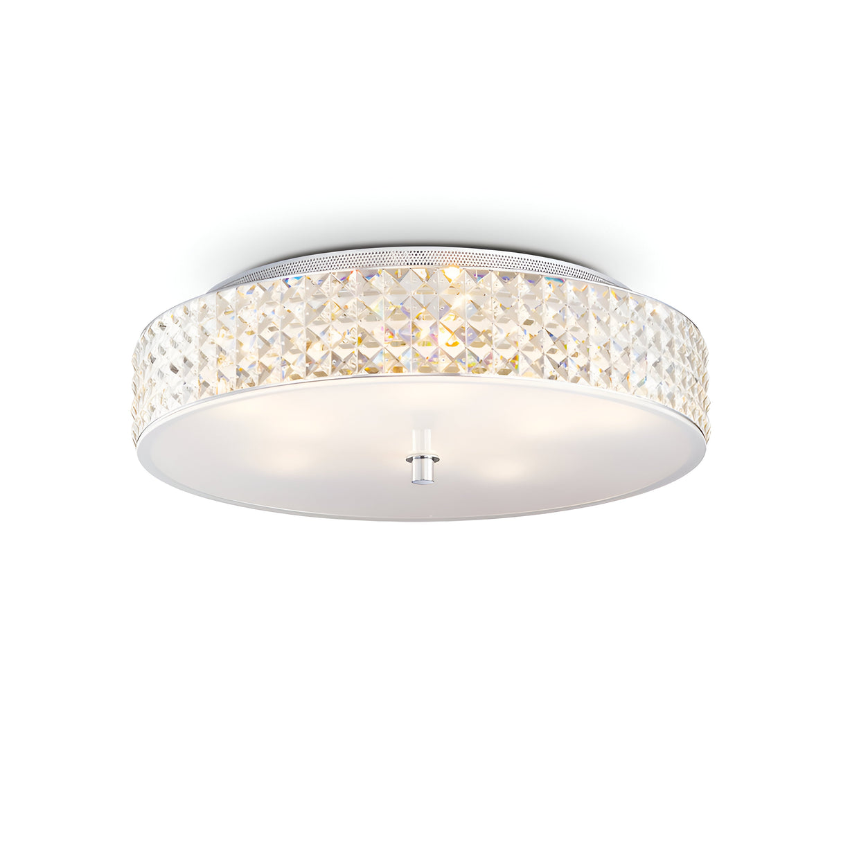 The Nebula 9 Light Crystal Ceiling Light - Chrome is a modern light fixture featuring a round, translucent design with a textured edge. It boasts a smooth, white bottom cover and a central chrome metal piece that complements its soft illumination, making it an ideal choice for modern interiors by blending elegance with contemporary style.