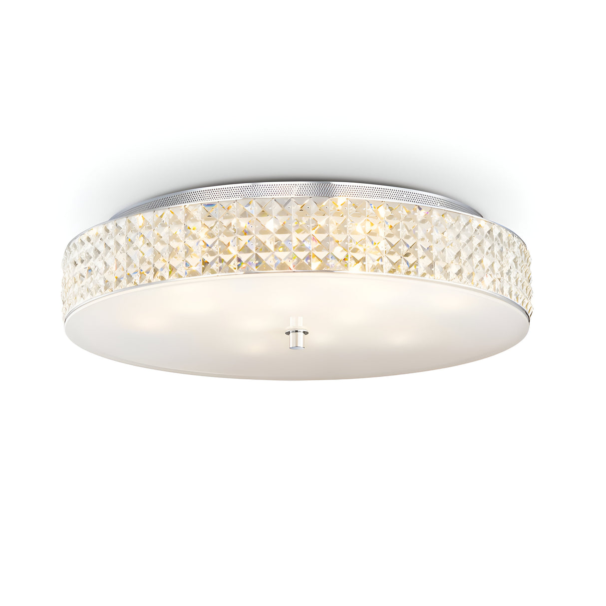 The Nebula 12 Light Crystal Ceiling Light in chrome showcases a sleek, round design with a frosted glass base, complemented by an elegant crystal-like band around the side. Its modern style adds sophistication while providing a soft and ambient glow.