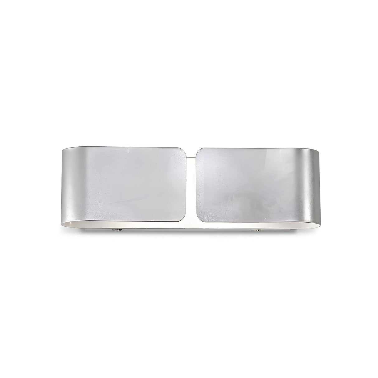 A rectangular aluminum belt buckle with smooth, curved edges and a metallic sheen embodies modern elegance. Its minimalist design mirrors the sophistication of the Halox 2 Light Small Wall Light in silver, making it an ideal accessory for any contemporary outfit.