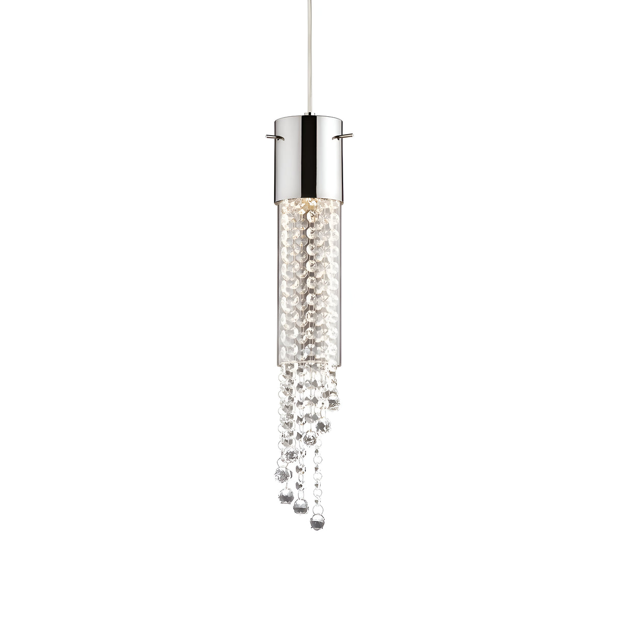 The Cono 1 Light Glass Pendant - Chrome features a contemporary chrome finish with a sleek silver cylindrical top and cascading clear crystal-like beads, providing dimmable lighting to create a customizable ambiance, all set against a plain white background.