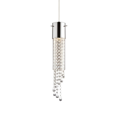 The Cono 1 Light Glass Pendant - Chrome features a contemporary chrome finish with a sleek silver cylindrical top and cascading clear crystal-like beads, providing dimmable lighting to create a customizable ambiance, all set against a plain white background.