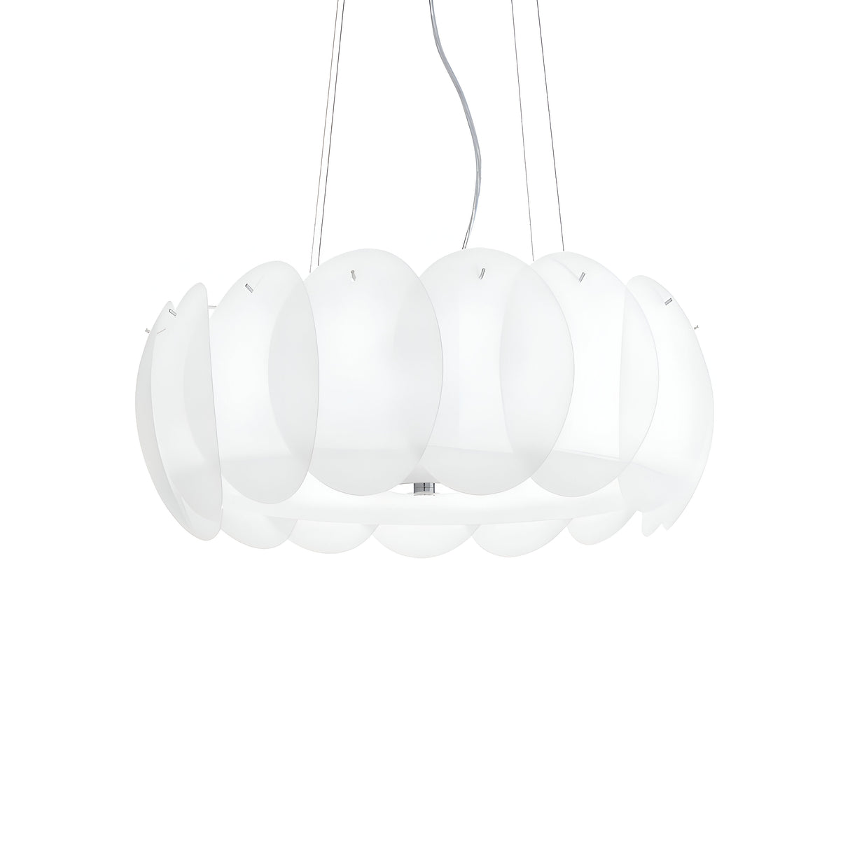 Introducing the Nero 8 Light Pendant - White: This modern chandelier features circular, acid-etched, petal-like glass panels suspended by thin wires. Its sleek and minimalist design creates a soft, ambient light, adding an elegant touch to any space.