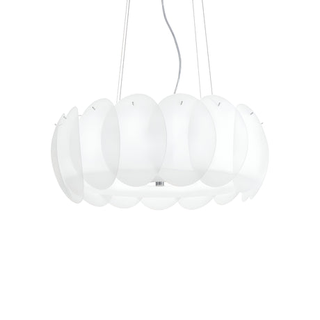 Introducing the Nero 8 Light Pendant - White: This modern chandelier features circular, acid-etched, petal-like glass panels suspended by thin wires. Its sleek and minimalist design creates a soft, ambient light, adding an elegant touch to any space.