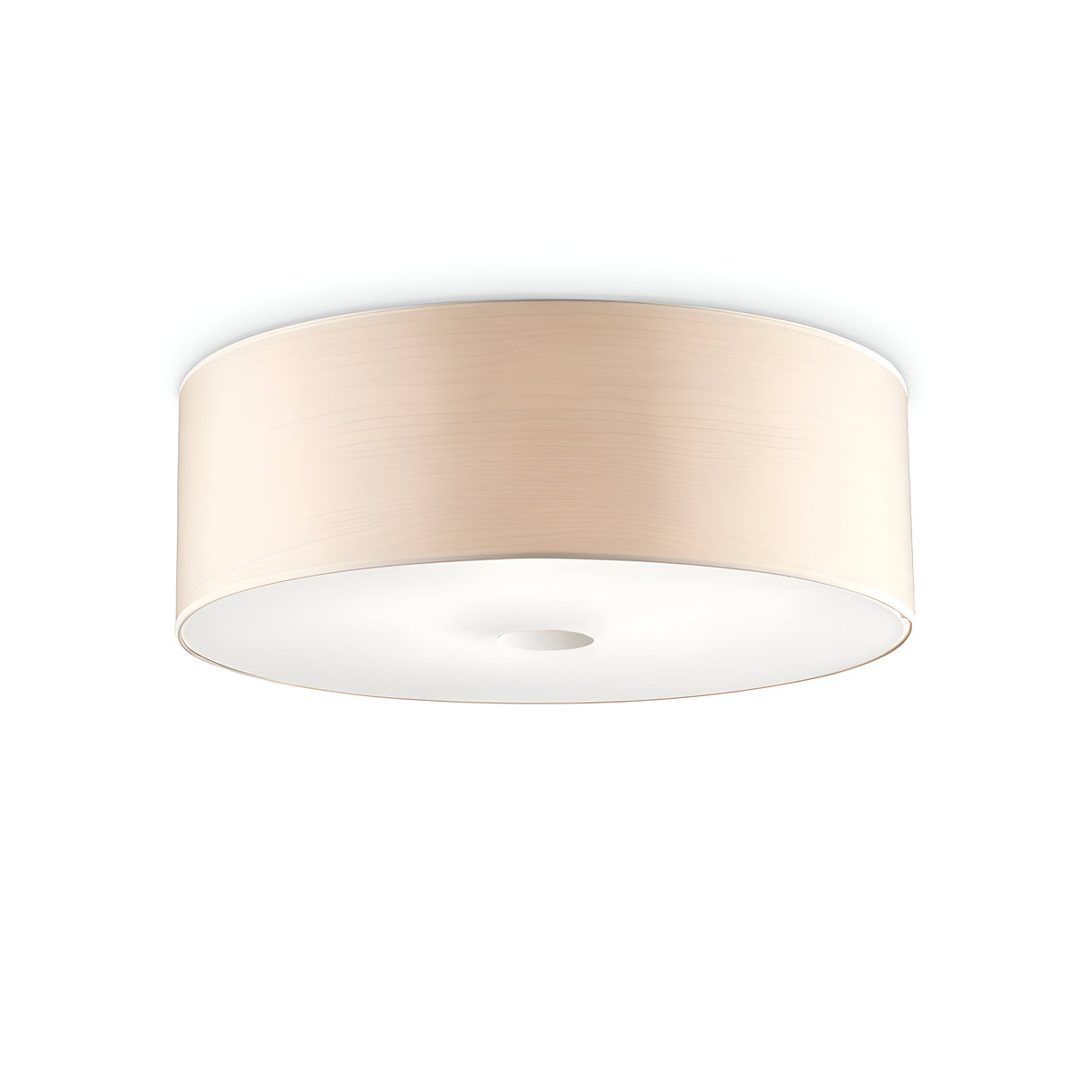 The Noble 5 Light Flush - Cream is a beige circular ceiling light fixture with a smooth, minimalist design, mounted on a white ceiling and featuring a chromed metal frame and cream diffuser, as viewed from below.