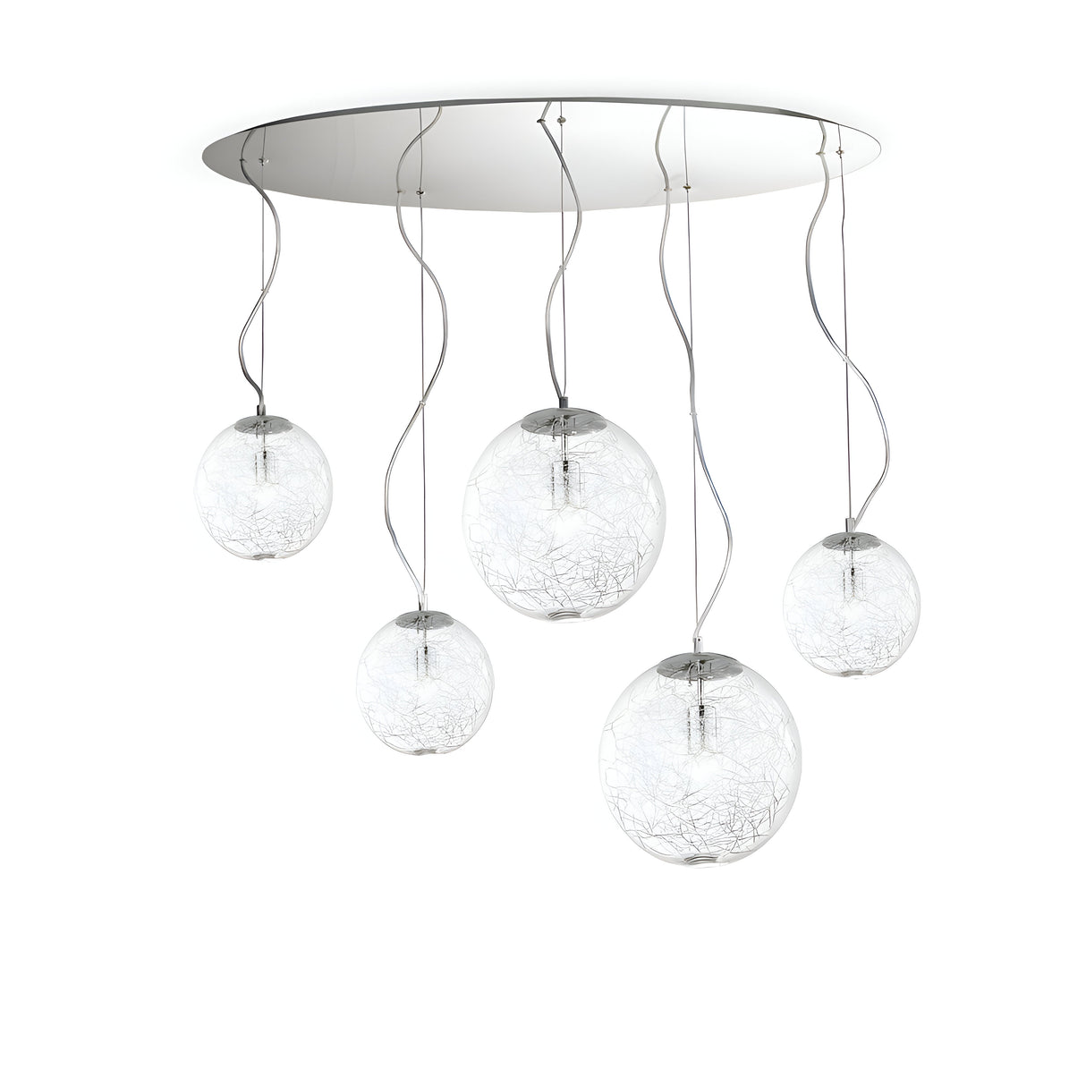 The Lyria 5 Light Cluster Pendant - Clear is an eye-catching modern ceiling fixture, featuring five spherical glass pendants adorned with intricate wire detailing. The contemporary design is accentuated by blown glass diffusers, creating an artistic and captivating ambiance from its elegant circular base.