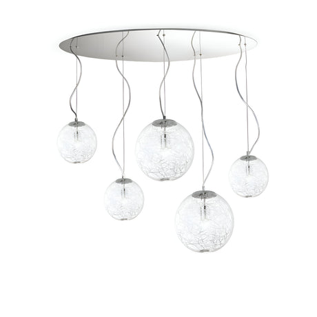 The Lyria 5 Light Cluster Pendant - Clear is an eye-catching modern ceiling fixture, featuring five spherical glass pendants adorned with intricate wire detailing. The contemporary design is accentuated by blown glass diffusers, creating an artistic and captivating ambiance from its elegant circular base.