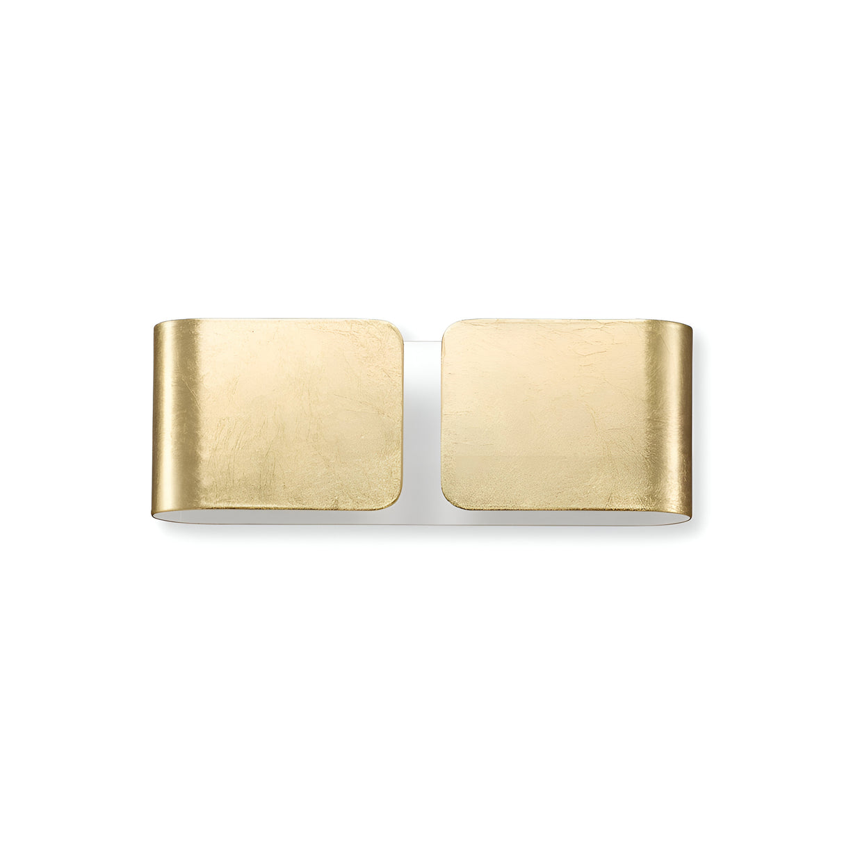 A set of luxurious Halox 2 Light Mini Wall Lights in gold features a gently curved, square-shaped design. When placed side by side against a white backdrop, their sleek and reflective surfaces contribute an elegant flair.
