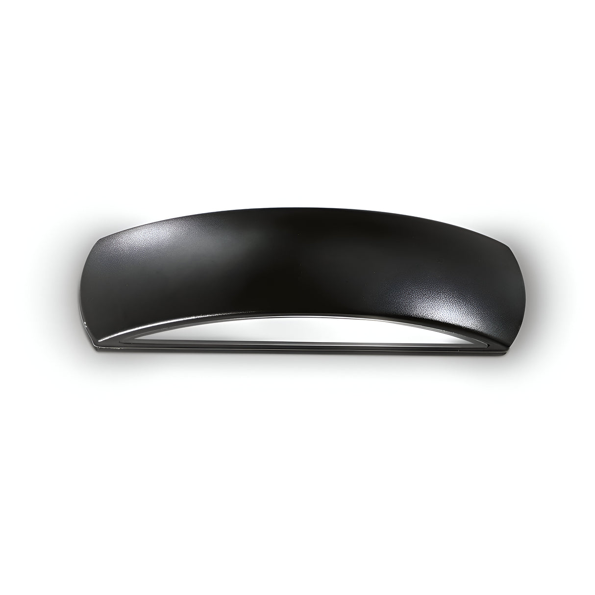 The Solara Outdoor Wall Light in black features a sleek, modern design with a curved shape and metallic finish, making it ideal for exterior lighting when mounted against a white background.