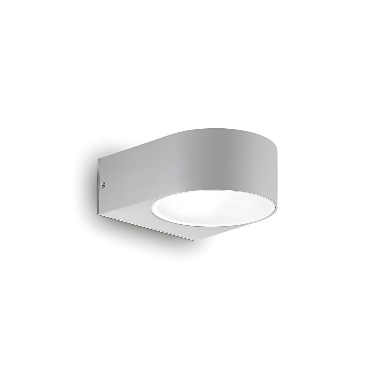 The Jupiter Outdoor Wall Light - Grey showcases a contemporary, elegant design made from powder-coated die-cast aluminum. Its rounded shape and double diffuser system emit a soft downward glow, ideal for enhancing a plain white backdrop.