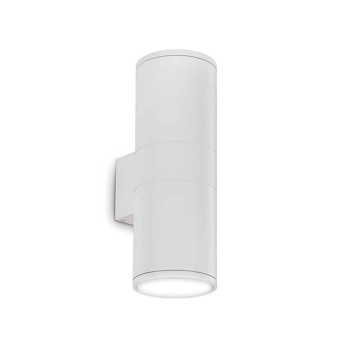 Featuring a sleek and modern design, the Solar 2 Light Outdoor Large Wall Light in white boasts a wall-mounted cylindrical shape with an IP54 rating. Its ability to cast illumination both upwards and downwards makes it perfect for contemporary interiors or outdoor lighting solutions. Photographed against a clean, white background.