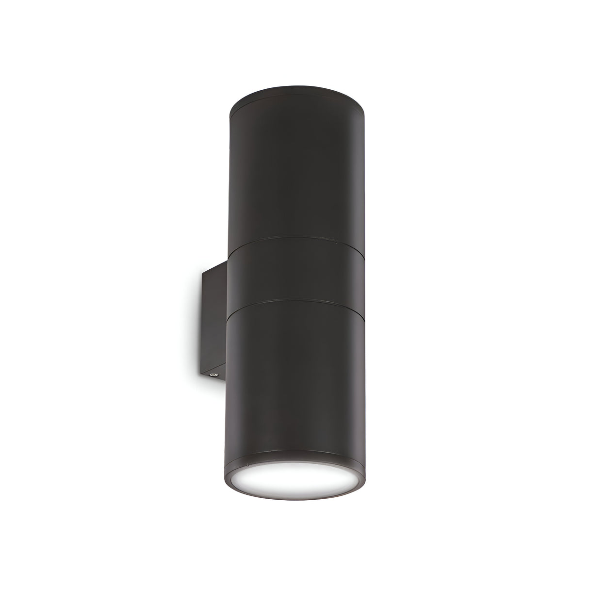 The Solar 2 Light Outdoor Large Wall Light in black is a contemporary cylindrical fixture made from durable aluminum, designed to illuminate both upwards and downwards. It boasts a sleek, minimalist style and is mounted on a flat rectangular backplate.