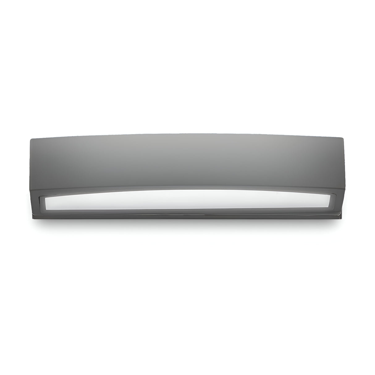 The Lunar 2 Light Outdoor Wall Light in anthracite exudes modern elegance with its sleek, curved design. It features a gray and black exterior, complemented by a rectangular shape and double diffuser design. The light source is covered by a frosted glass panel, enhancing its contemporary appeal.