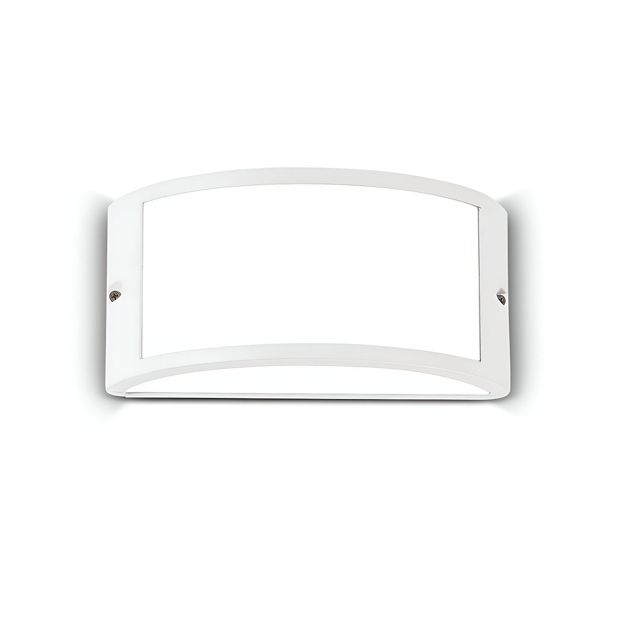 The Lucera Outdoor Wall Light - White is a contemporary rectangular wall fixture for outdoor use, featuring a white frosted glass panel and a curved frame made of powder-coated aluminium, designed for vertical mounting. It has a minimalist aesthetic and provides soft, diffused illumination.