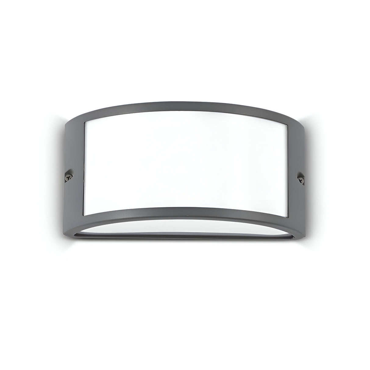 Introducing the Lucera Outdoor Wall Light - Anthracite, a contemporary fixture with a rectangular design. It boasts a sleek anthracite finish and features a frosted white glass panel centrally placed. Made from robust die-cast aluminium, this stylish piece effortlessly merges elegance with practicality.