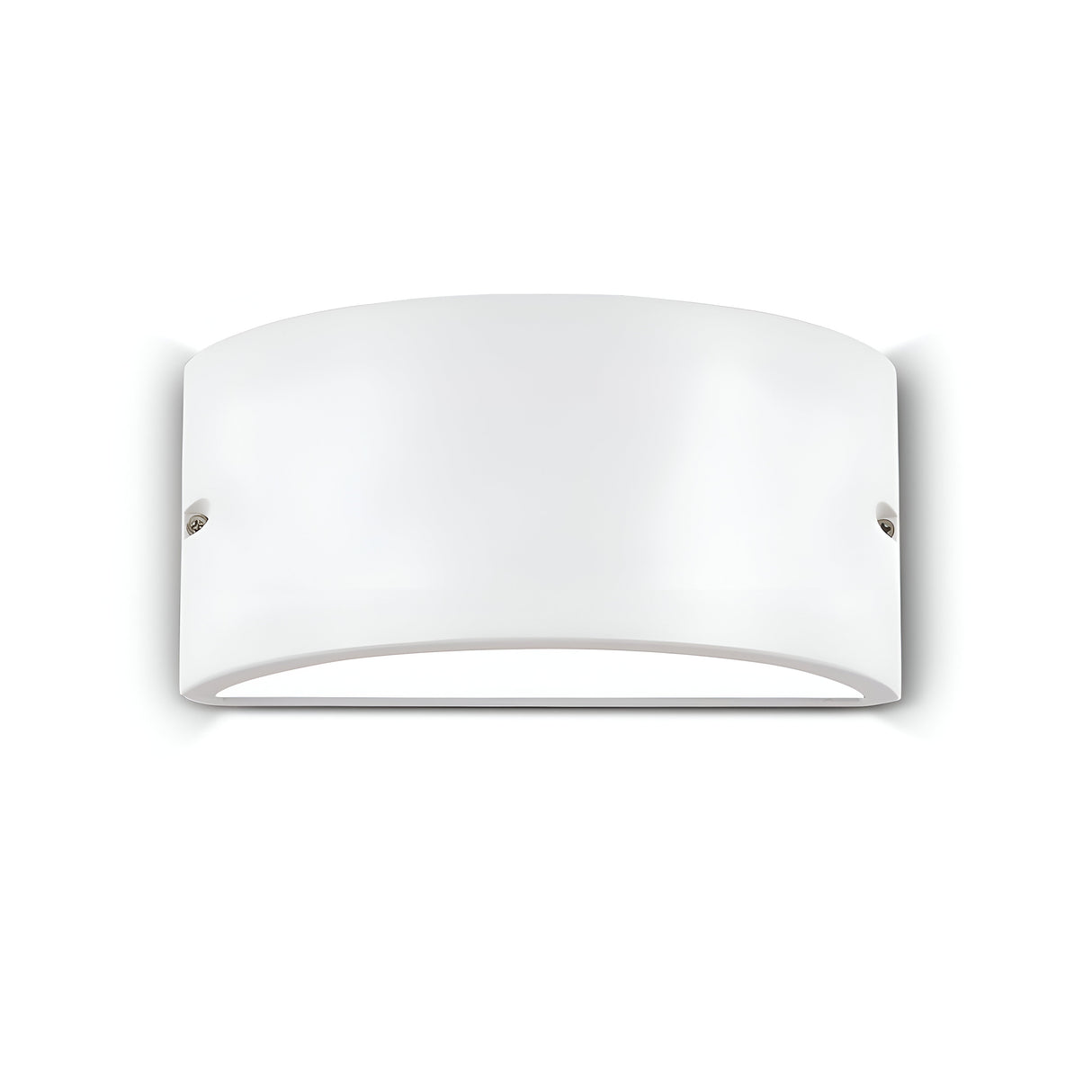 The Venus-1 Outdoor Wall Light - White is a modern, white, semi-circular sconce made from die-cast aluminium with a smooth, minimalistic design set against a plain background. With its IP44 rating, this outdoor wall light emits a gentle glow from the bottom edge, creating a subtle ambience.