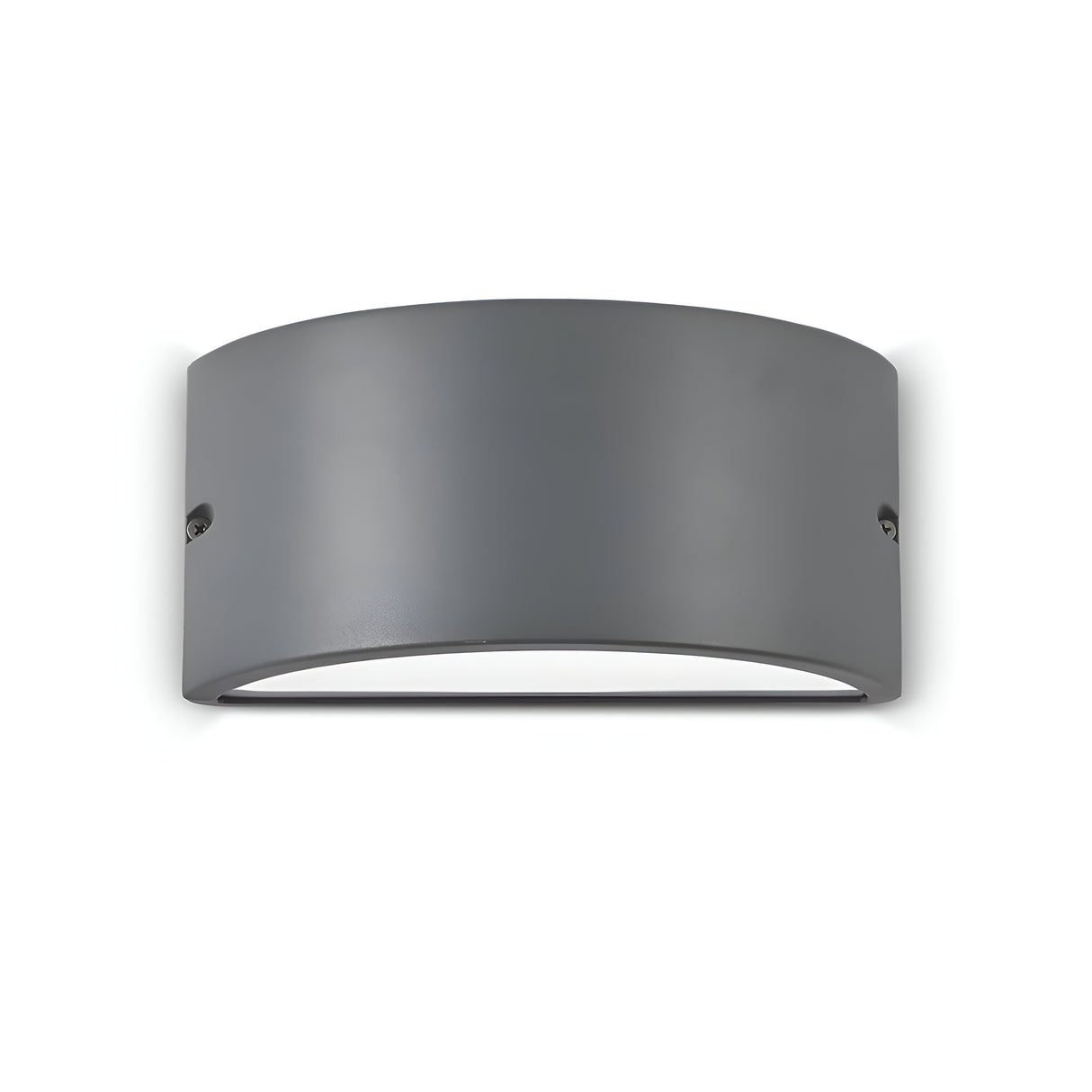 Introducing the Venus-1 Outdoor Wall Light in Anthracite: a contemporary, minimalist wall sconce constructed from die-cast aluminum. It boasts a sleek, curved gray metal design set against a white backdrop. This outdoor wall light is IP44 rated and offers a gentle, ambient LED illumination directed downward.