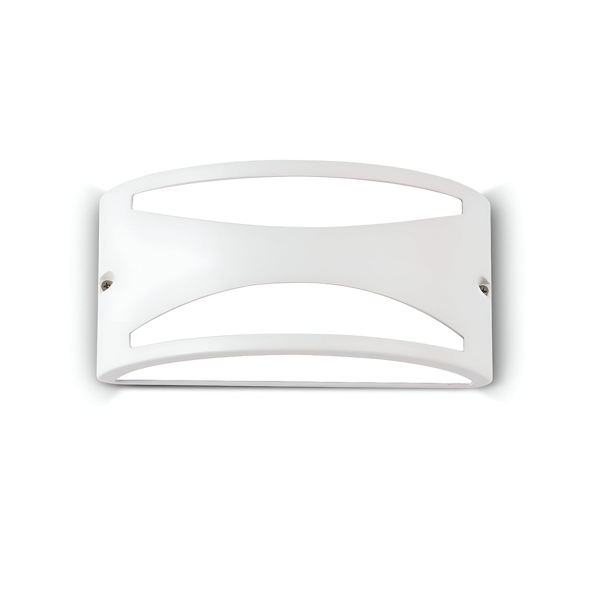 Introducing the Venus-2 Outdoor Wall Light in white, which features a modern design with curved edges and two open, horizontal slots. Its smooth finish makes it an ideal addition to any space. With an IP44 rating, this rectangular wall sconce combines style and functionality while seamlessly mounting on a white background.