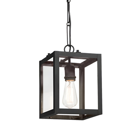 Introducing the Drape 1 Light Pendant - Black, featuring a sleek modern design with a black frame and clear glass panels. This contemporary fixture highlights an exposed bulb within its cube-shaped structure, elegantly suspended by a black chain, ideal for any modern lighting setup.