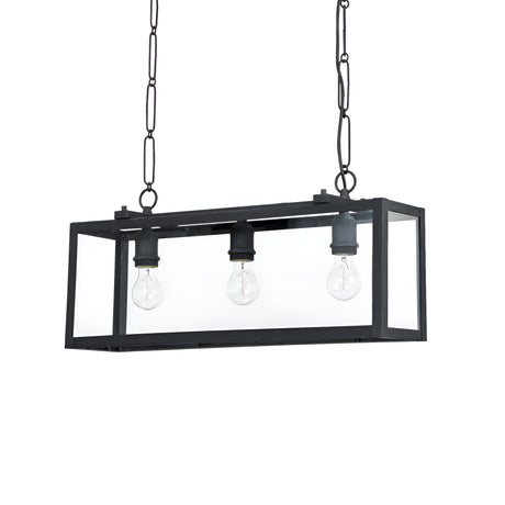 The Drape 3 Linear Suspension Light - Black features a geometric metal frame with clear glass sides, hanging elegantly from a chain. Its modern design showcases three exposed bulbs in a row, making it a striking focal point in any room.