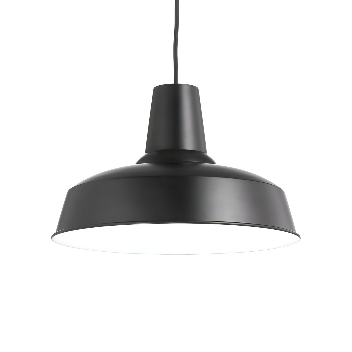 The Blaze 1 Light Pendant in black, featuring a wide shade in a modern industrial style and suspended by a black cord, is elegantly displayed against a plain white background.