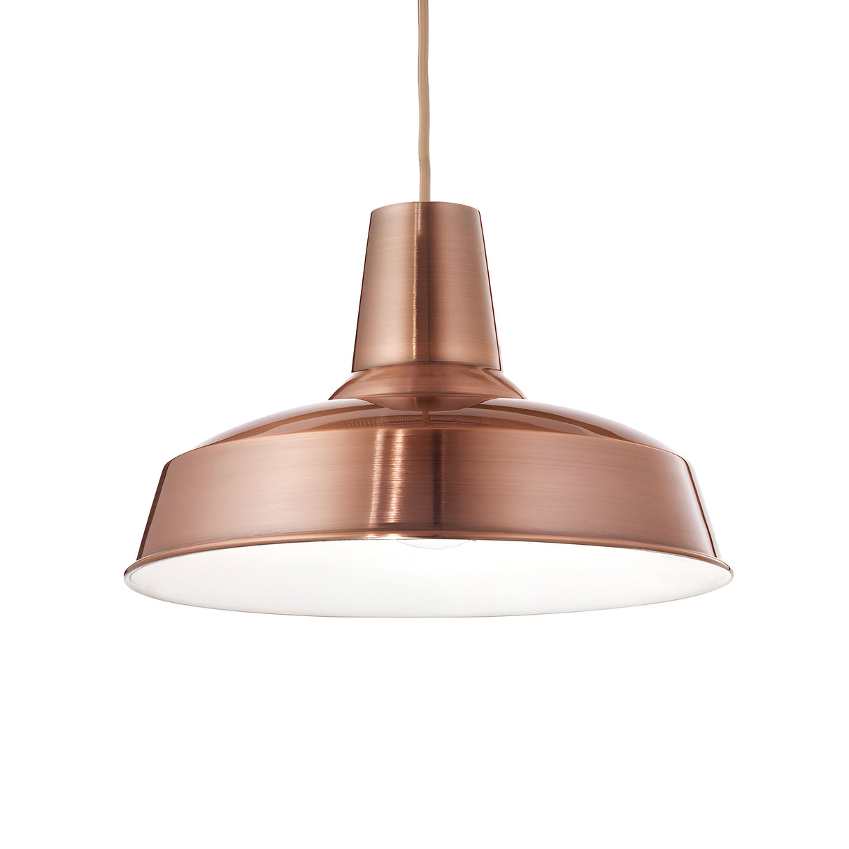 The Blaze 1 Light Pendant in copper features a wide, conical shade that elegantly hangs from a thin cord. Its sleek and shiny copper finish softly reflects light, making it perfect for industrial home décor. This dimmable light complements modern interiors beautifully, while the white underside adds a striking contrast.
