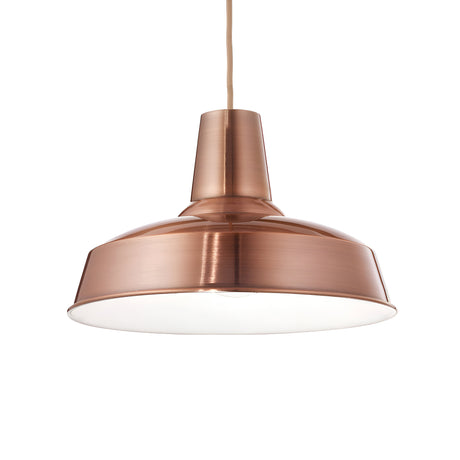 The Blaze 1 Light Pendant in copper features a wide, conical shade that elegantly hangs from a thin cord. Its sleek and shiny copper finish softly reflects light, making it perfect for industrial home décor. This dimmable light complements modern interiors beautifully, while the white underside adds a striking contrast.