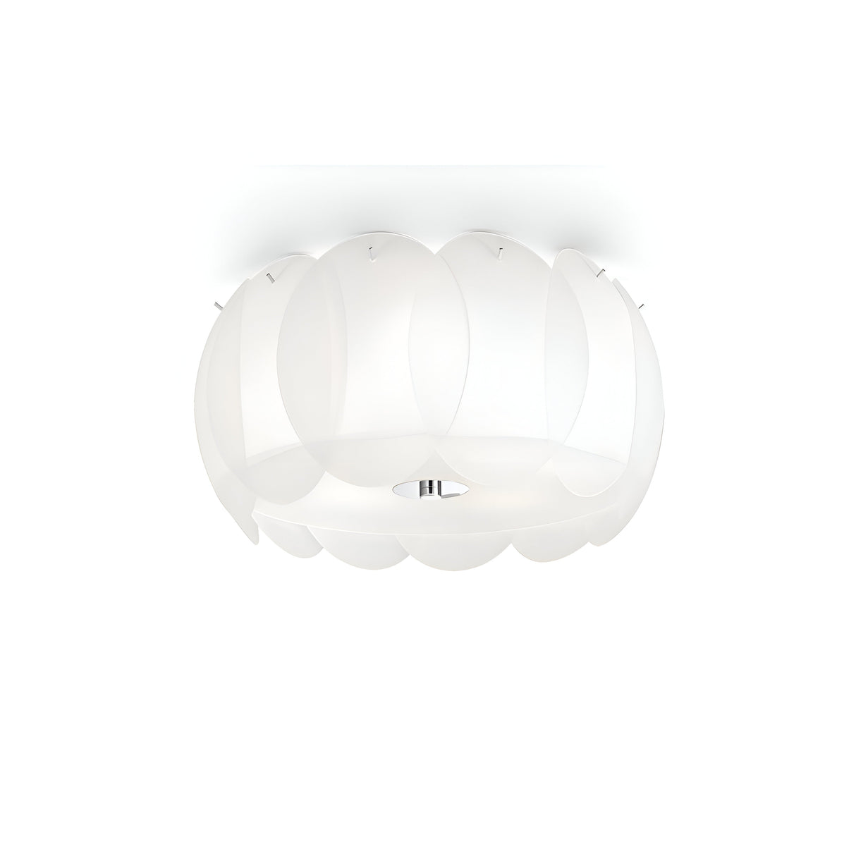The Nero 5 Ceiling Light - White features a contemporary petal-like design made from acid-etched glass, providing even light diffusion across the room. Its sleek and elegant flush mount style enhances the modern aesthetic of any space.