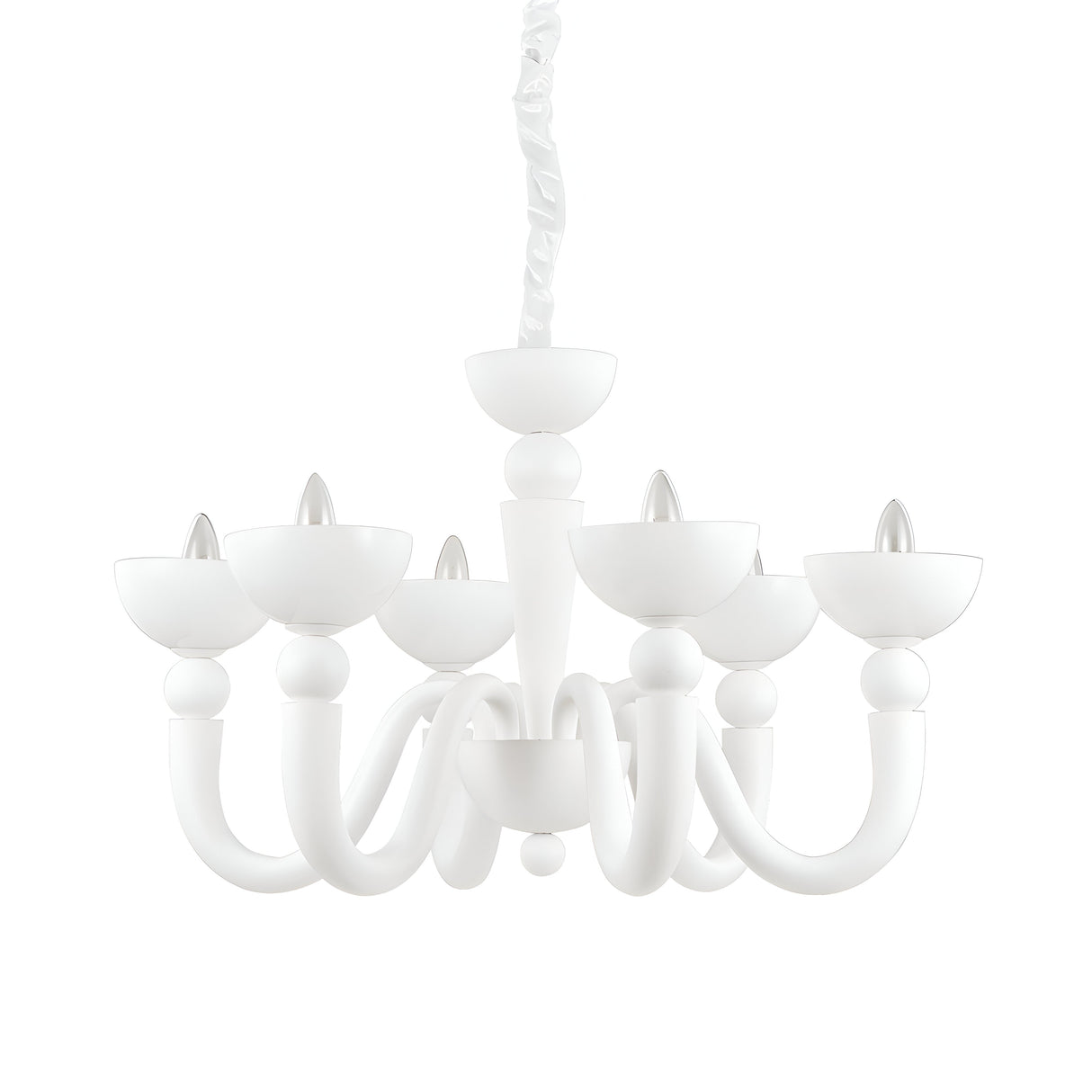 Introducing the Swift Glass 6 Light Chandelier in white, featuring a modern and elegant design with six curved arms, each elegantly supporting an upward-facing light. This fixture is adorned with smooth, rounded details and offers an ambient lighting experience as it hangs gracefully from a twisted stem, exuding contemporary luxury.