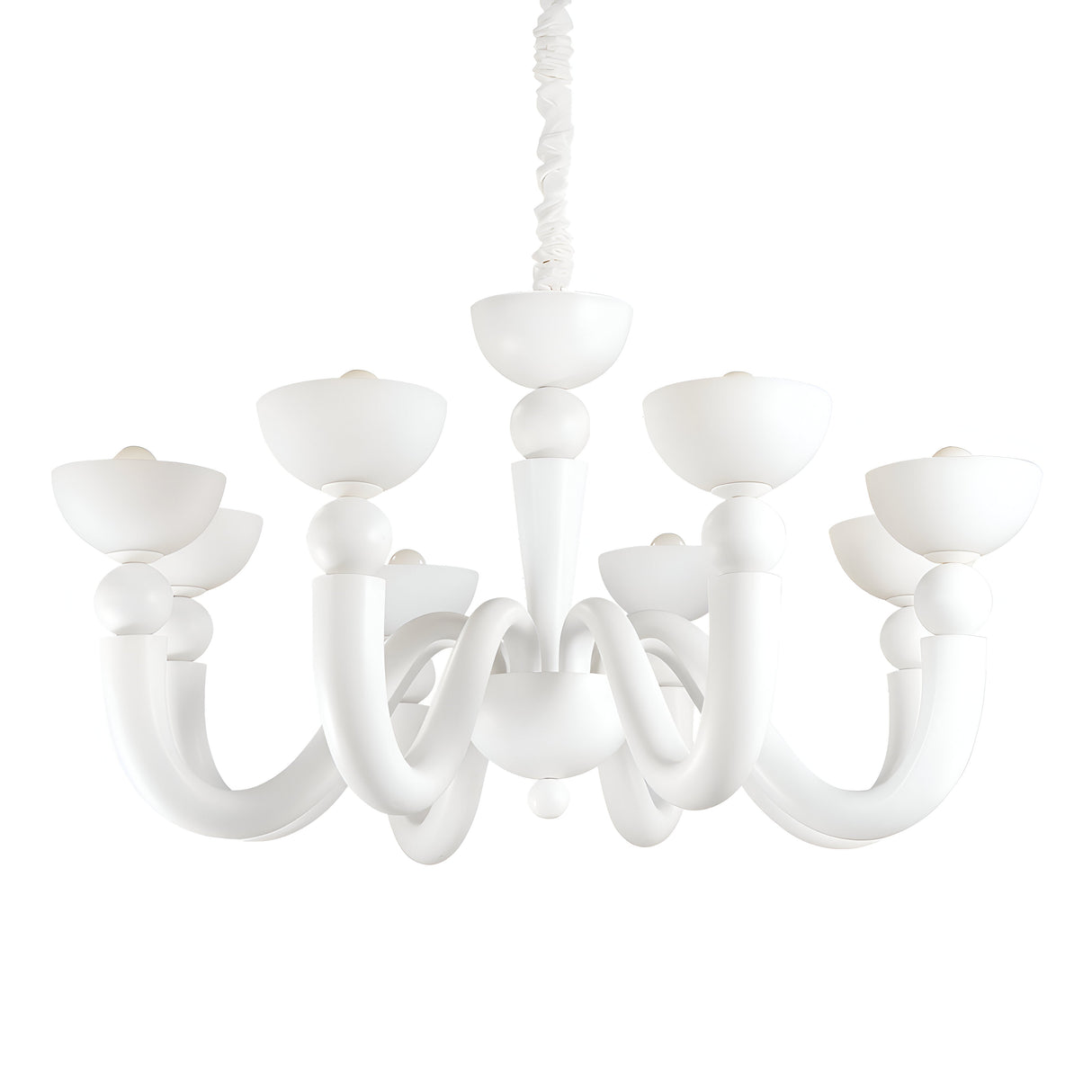 A sleek white chandelier with eight curved arms, each holding a frosted glass light shade, hangs gracefully from the ceiling. This contemporary piece, known as the Swift Glass 8 Light Chandelier - White, is perfect for elegant interior spaces.