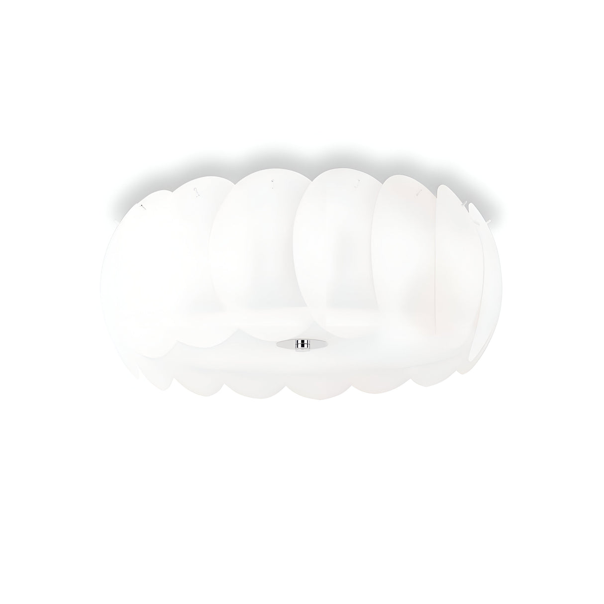 The Nero 8 Ceiling Light - White is a contemporary fixture featuring petal-like panels arranged in a circular design. Crafted with acid-etched glass, it exudes soft elegance and provides a gentle, diffused glow when illuminated.