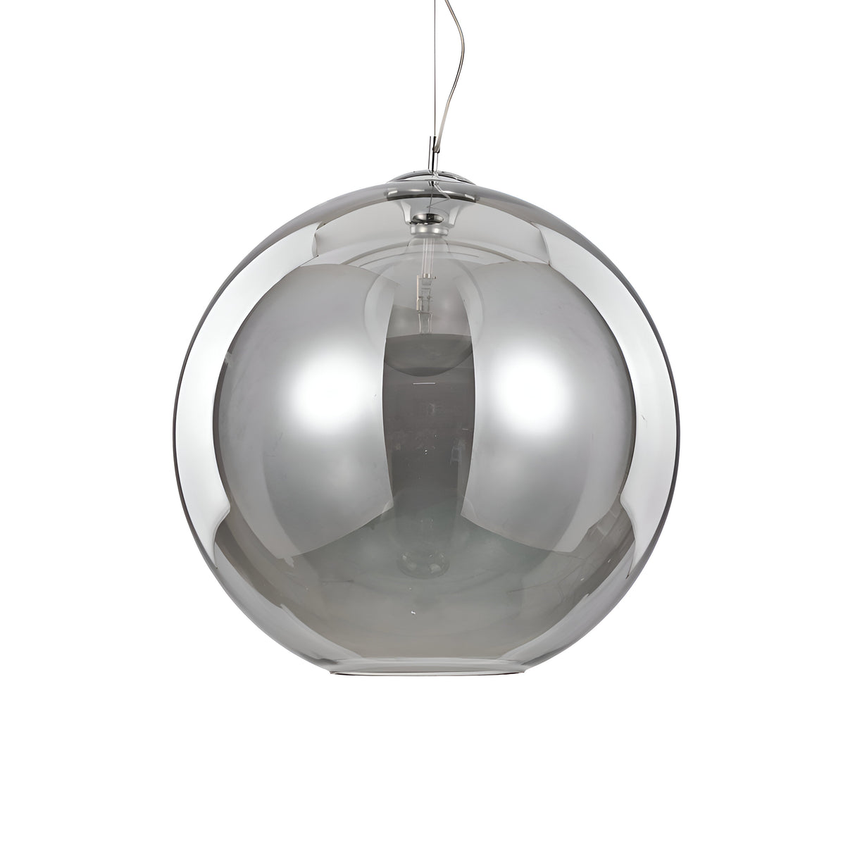 The Emberlyte 1 Light Glass Pendant - Silver, 50cm is a spherical pendant light with a glossy finish, suspended from a cord. This modern lighting fixture features a metallic silver design and dimmable surface that reflects both light and surroundings for a sleek appearance.