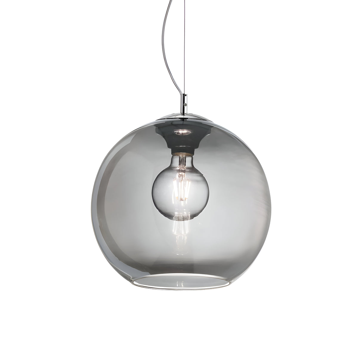 The Emberlyte 1 Light Glass Pendant - Silver, 40cm showcases a modern design with a clear glass sphere and a visible E27 bulb. It hangs elegantly from a thin cord, combining simplicity with contemporary style. With an IP20 rating for durability and dimmable functionality for adjustable ambiance, it's perfect for any space.