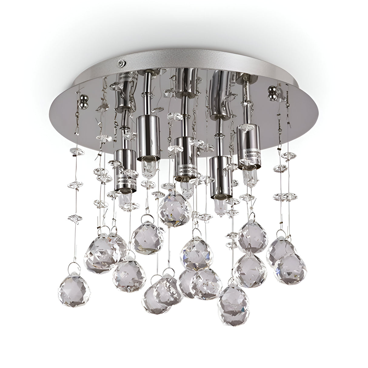 Introducing the Solisera 5 Light Crystal Semi Flush Chandelier in Chrome: This ceiling light fixture boasts a round metallic base and chrome finish, adorned with hanging strands of clear, faceted crystal balls. Its semi flush design beautifully catches and reflects light, creating a dazzling sparkling effect across your room.