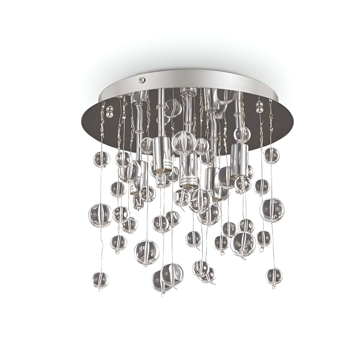 The Illusis 5 Light Glass Semi Flush Chandelier, with its circular mount, exemplifies modern elegance. It showcases a cascading arrangement of multiple translucent hanging spheres and cylindrical elements, all highlighted by a sleek chrome finish.