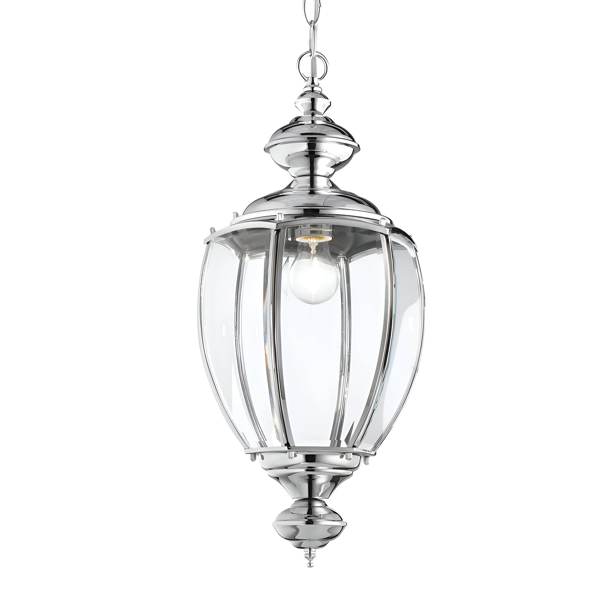 The Ulisse 1 Light Pendant - Chrome showcases modern elegance with its sleek chrome finish and timeless lantern design. Curved glass panels and an exposed light bulb at the center enhance its charm, all elegantly suspended from a chain.