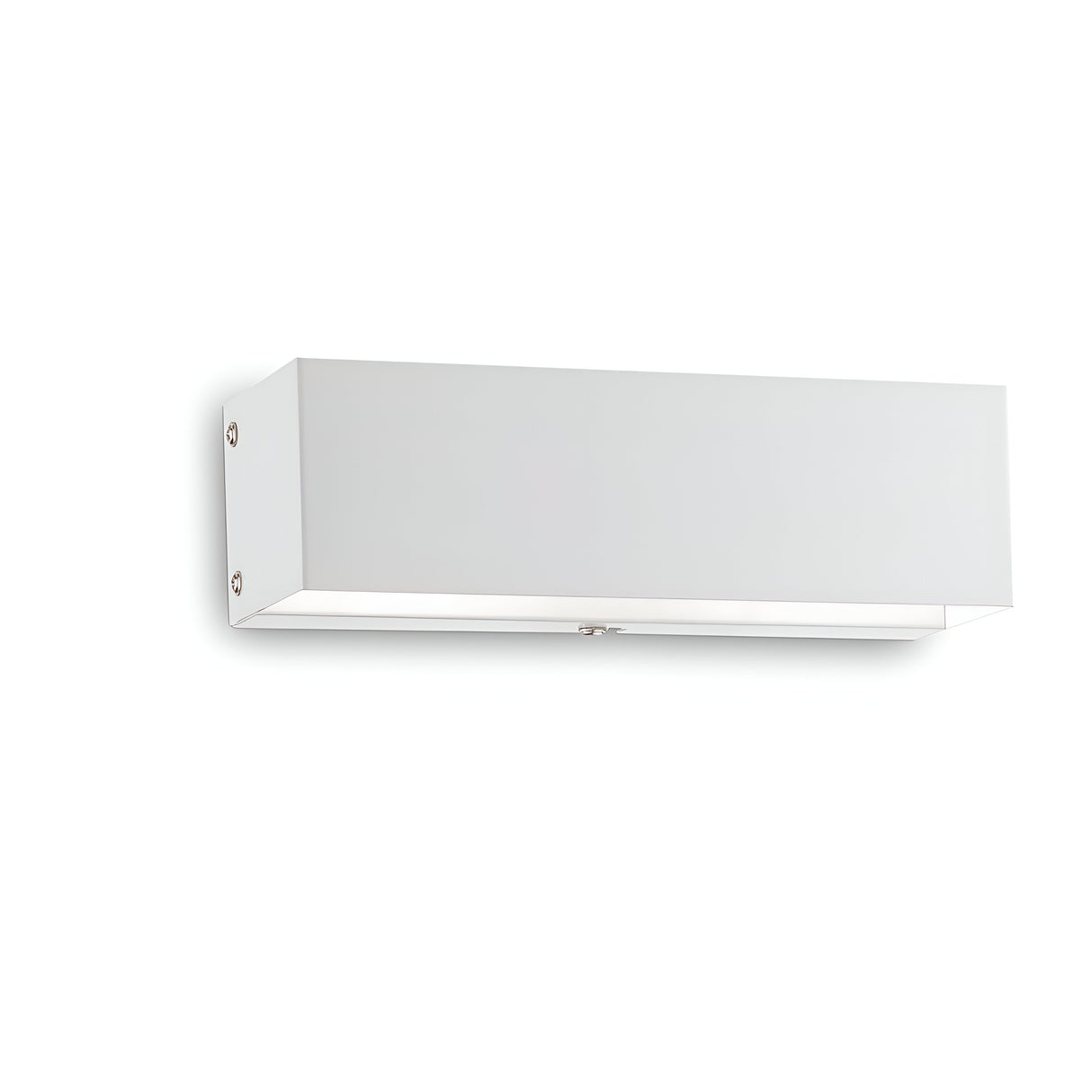 The Vividara 2 Light Wall Light - White showcases a minimalist design and is attractively mounted with three metallic screws on the left side. Its rectangular form and sleek finish emit an ambient glow from the bottom, providing gentle illumination to enhance any space.
