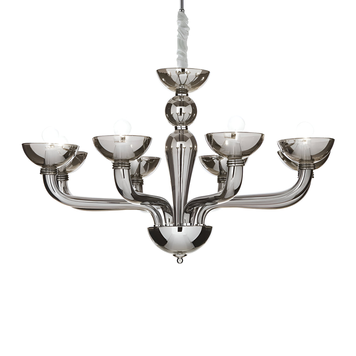 The Casio Glass 8 Light Chandelier - Black showcases a contemporary design with metallic, curved arms, each embellished with glass shades that accommodate a light bulb. This sophisticated fixture offers dimmable functionality and is suspended from a central twisted rod.