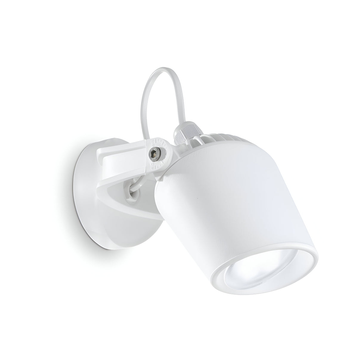 The Otis-1 Outdoor Single Spotlight in white showcases a modern cylindrical design mounted on a circular base. It features an adjustable head, corrosion-resistant construction, and includes a clear LED bulb connected by a visible white cable.
