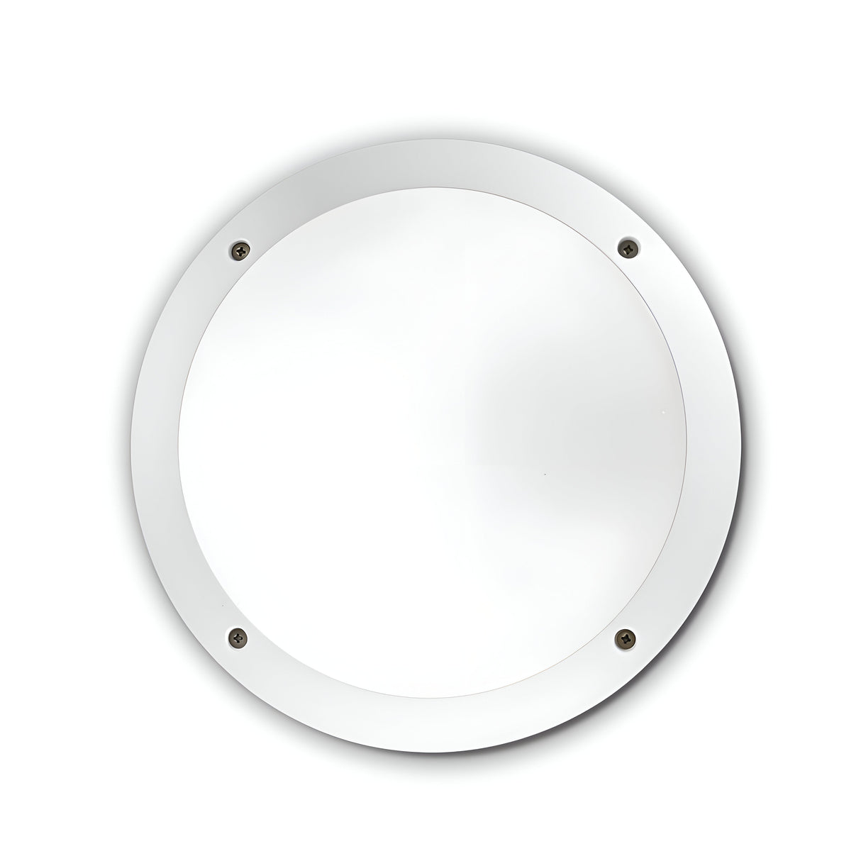 Introducing the Alfa-1 Flush Ceiling & Wall Light in white, this round fixture boasts a minimalist design with a sleek, smooth surface. It is secured by four evenly spaced small screws around its edge and features dimmable lighting. The product is showcased on a plain, white background.