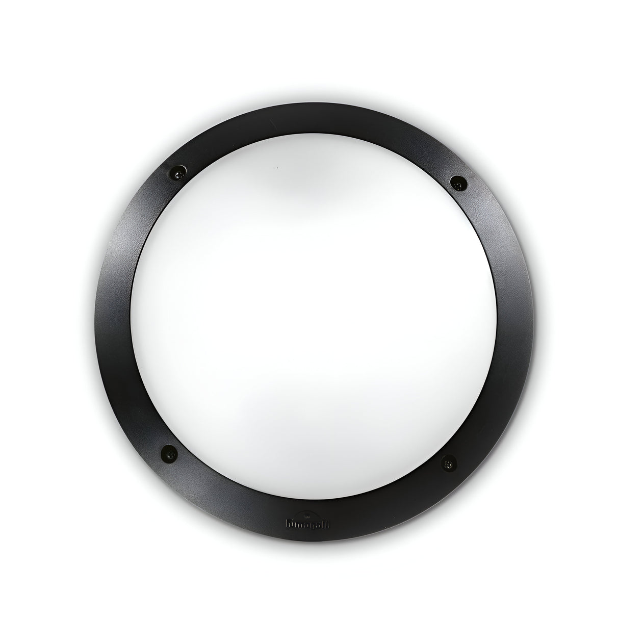 The Alfa-1 Flush Ceiling & Wall Light - Black features a circular design with a black outer ring and a white inner surface, mounted on a plain white background. This modern and minimalistic dimmable fixture seamlessly integrates into any contemporary setting.