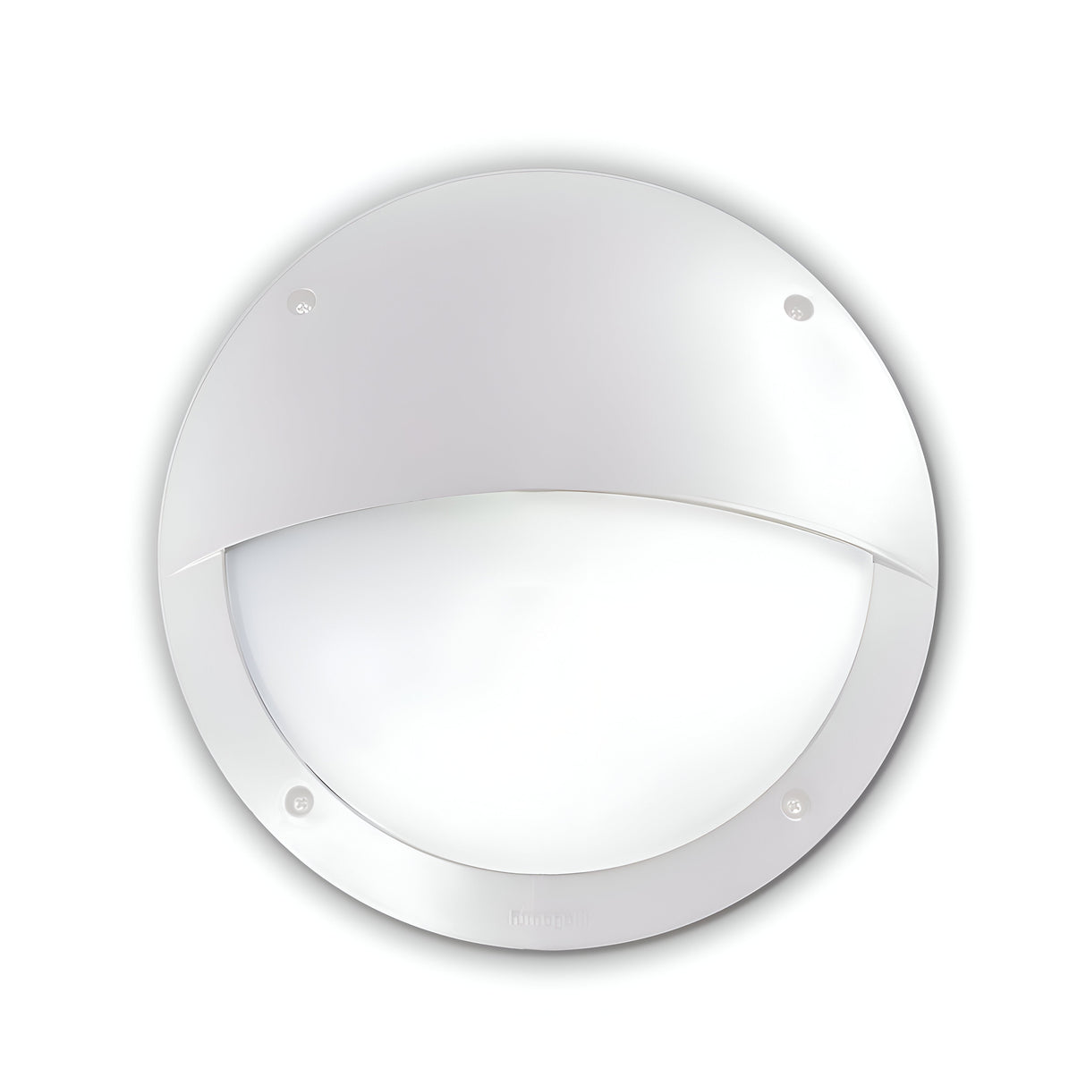 Introducing the Alfa LED Bulkhead - White, a round wall-mounted fixture with a minimalist design that features a partially covered translucent center for even light distribution.
