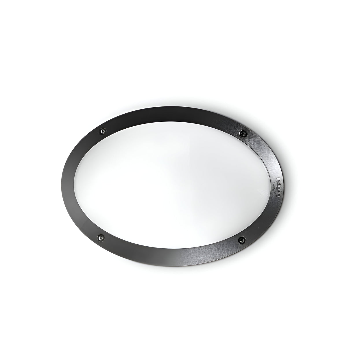 A circular white surface featuring a black ring adorned with engraved text and surrounded by screws, reminiscent of the Clio LED Bulkhead - Black, designed for outdoor lighting or as a decorative piece. The design is set against a durable high-performance resin white backdrop.