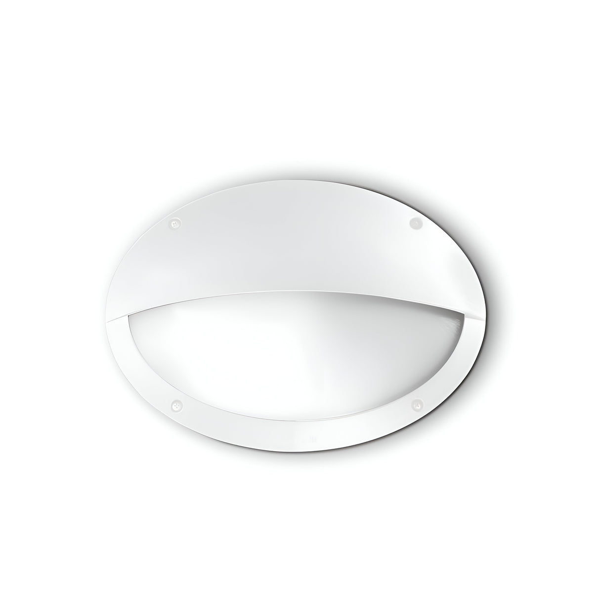 The Clio LED Eyelid Bulkhead - White is a round, flat, white object mounted on a white background, featuring an opaque, slightly curved cover secured by four screws at the edges. Its corrosion-resistant design provides durability while maintaining a sleek and minimalistic aesthetic.
