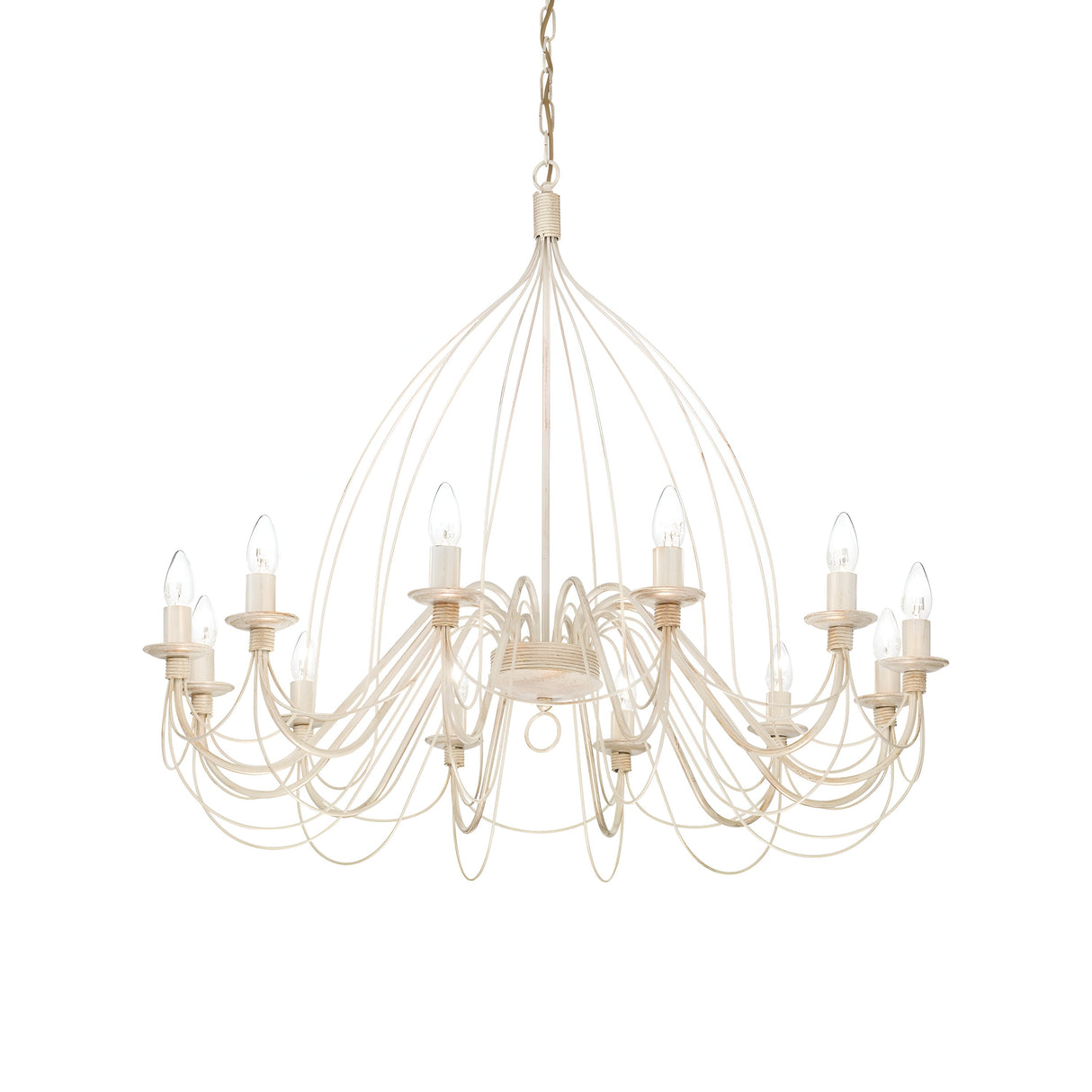 The Seraph 12 Light Chandelier - Cream features a large, elegant design with a hand-painted finish. It showcases a curved, wire-like frame and twelve candle-shaped lights, hanging from a chain to add sophisticated flair to any interior space.