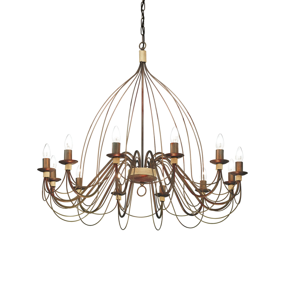 The Seraph 12 Light Chandelier - Copper is a large, elegant masterpiece with a metal frame that highlights artisanal craftsmanship and features twelve candle-like light fixtures. Its design incorporates swooping wire elements that form a flowing, intricate pattern, with the chandelier gracefully suspended by a chain.
