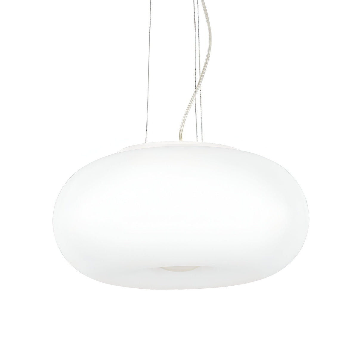 The Vail 3 Light Pendant - White, 52cm, with its modern oval design, hangs gracefully from the ceiling supported by thin cables. With a white glass diffuser and a glossy finish, it emits bright light for a sleek and minimalist lighting solution.