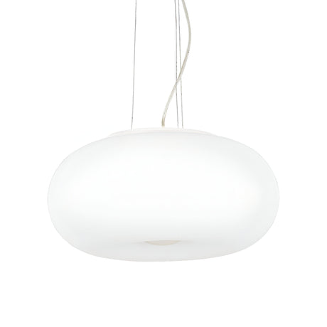 The Vail 3 Light Pendant - White, 52cm, with its modern oval design, hangs gracefully from the ceiling supported by thin cables. With a white glass diffuser and a glossy finish, it emits bright light for a sleek and minimalist lighting solution.