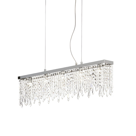 Introducing the Iris 5 Light Crystal Suspension - Chrome, a contemporary chandelier with a sleek rectangular chrome frame embellished with cascading octagonal crystal pendants. It hangs gracefully on adjustable steel cables, accompanied by a visible power cord, and radiates a bright, sophisticated light.